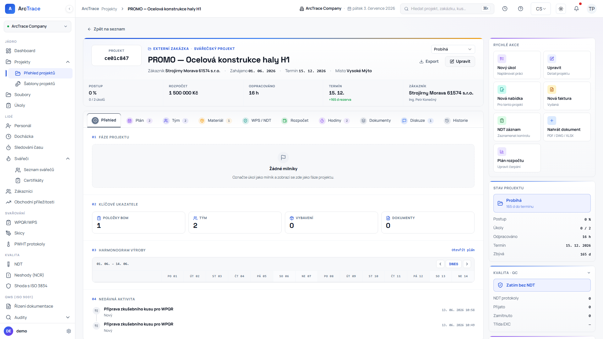 ArcTrace – detail zakázky s KPI, harmonogramem a rychlými akcemi