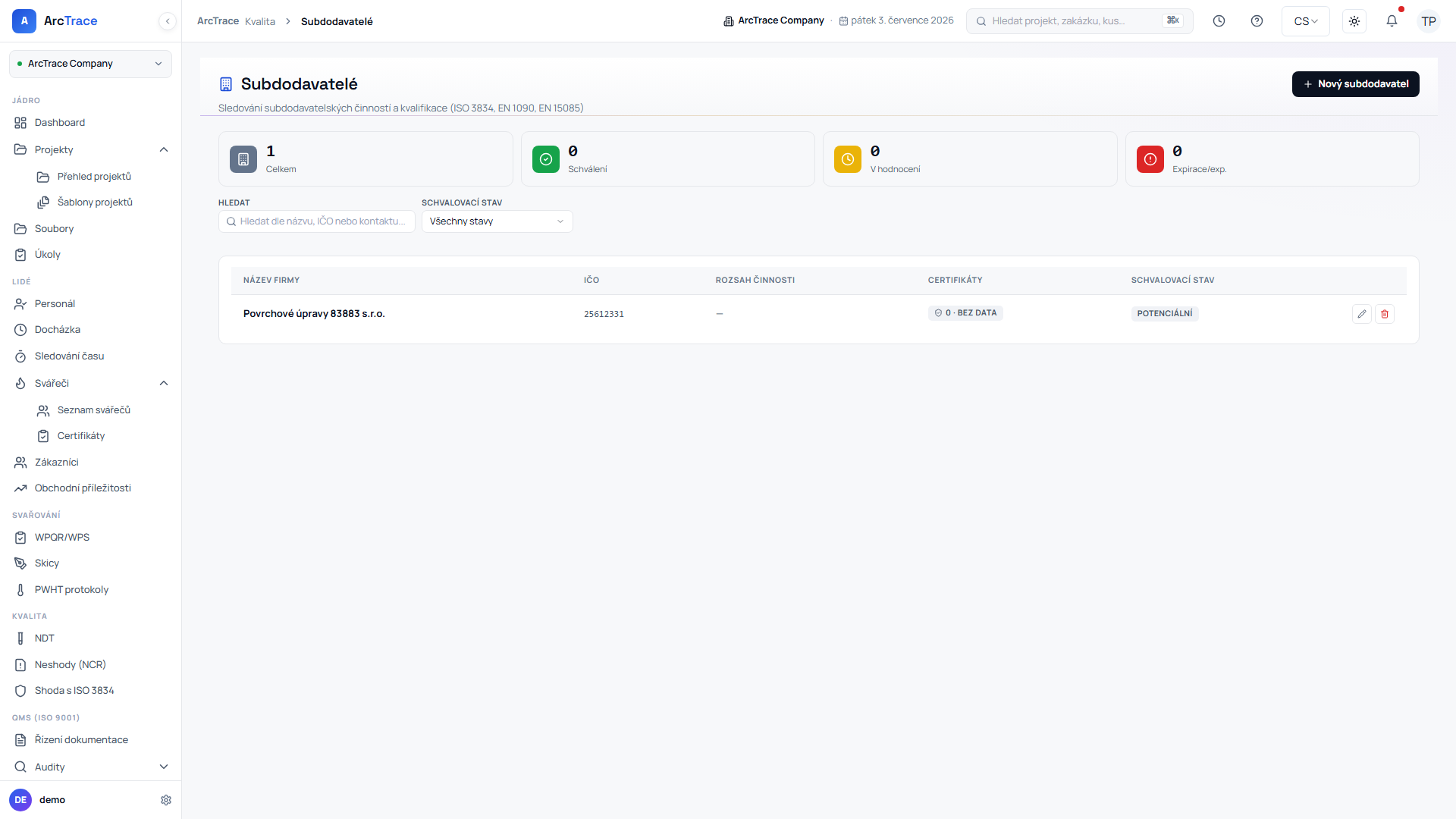 ArcTrace – evidence a hodnocení subdodavatelů
