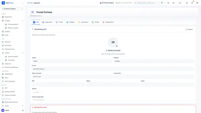 ArcTrace – Profil uživatele