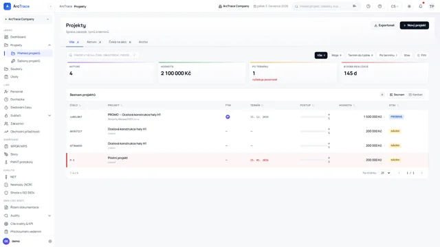 ArcTrace – Projekty — přehled zakázek