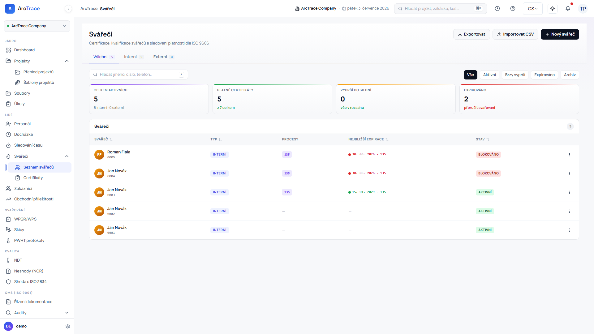 ArcTrace – evidence svářečů a certifikátů
