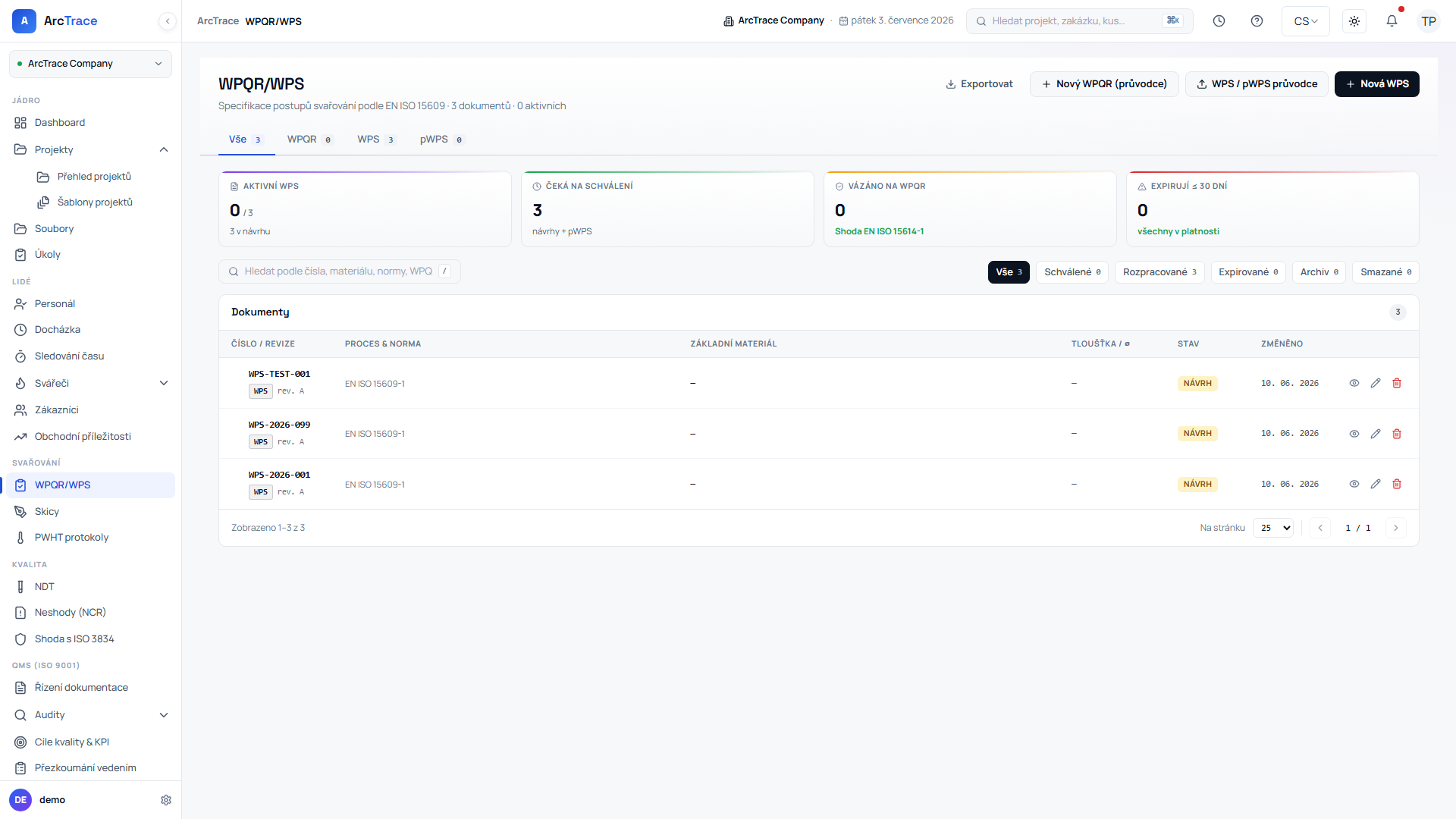 ArcTrace – modul WPS/WPQR pro dokumentaci svařování